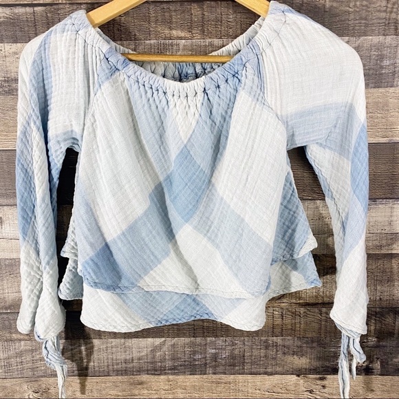 Thread & Supply Off the Shoulder Chambray Plaid Crop Top - Picture 1 of 3